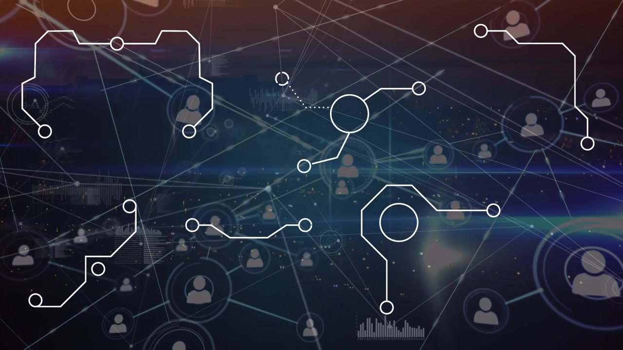 Animation of computer circuit board elements and network of connections with people icons
