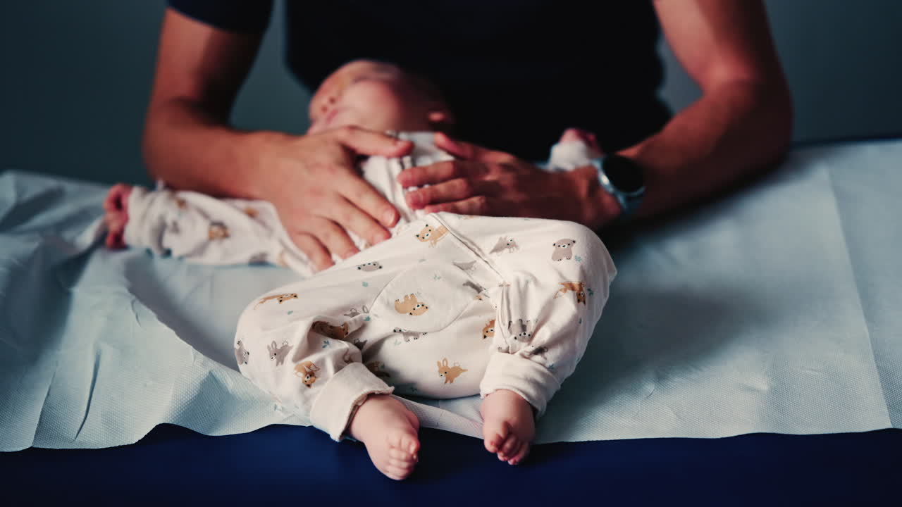 Neonato cullato delicatamente da un* caregiver durante una sessione pediatrica
