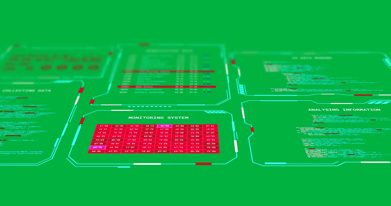 Animation of multiple interface screens collecting and analysing data on transparent background