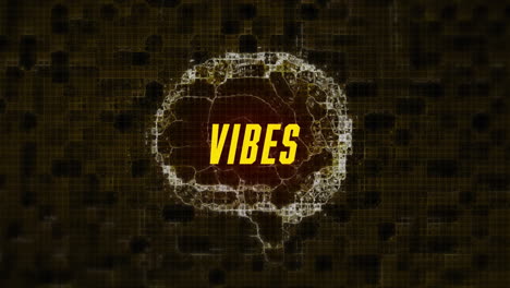 animation of vibes text over digital brain on black background