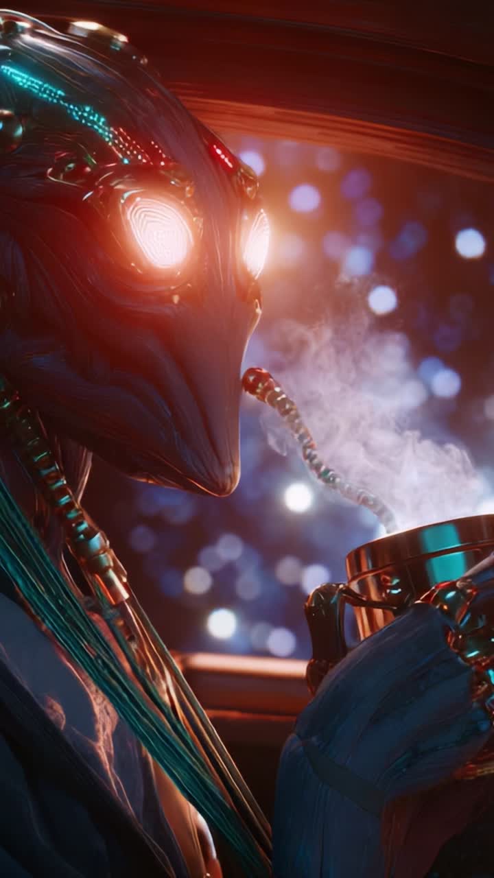 An Intriguing Mechanical Entity Enjoys a Warm Beverage in a Luminous Environment, Showcasing Futuristic Aesthetics and a Mysterious Atmosphere of Contemplation