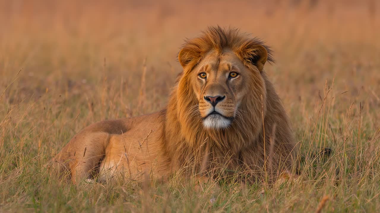 Lying adult male lion shifting, leaning in tall dry grass, breeze ruffling mane, readying to move