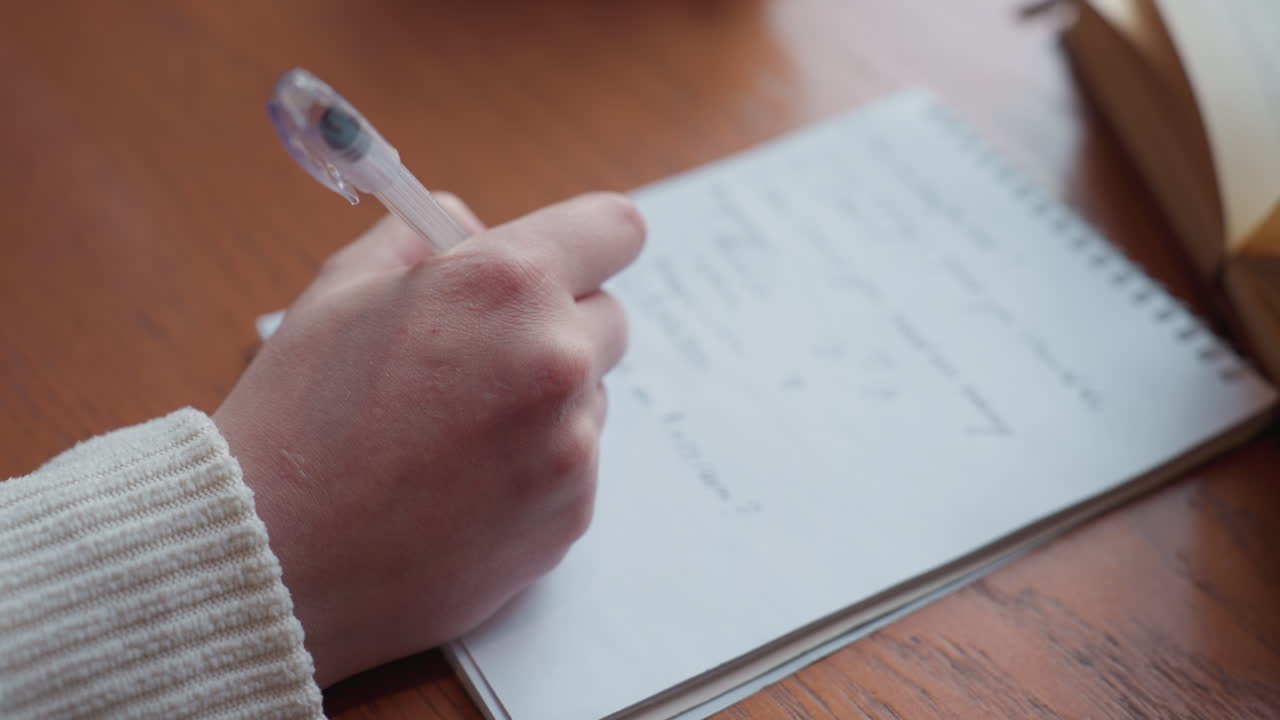 close up of fair skin person holding transparent pen and writing on white spiral notebook placed on wooden desk beside open book in warm indoor setting with natural light from window