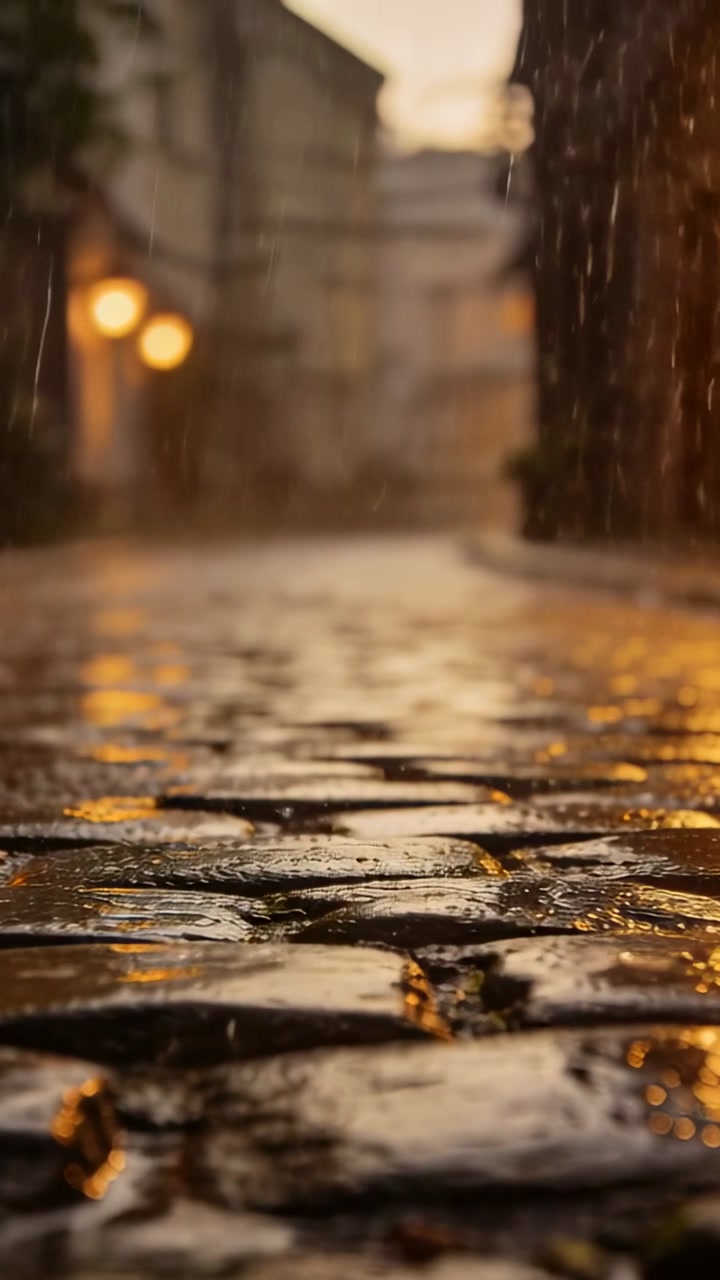 Vertical video: Rain falling creating ripples on wet cobblestones at dusk, reflecting warm lamps