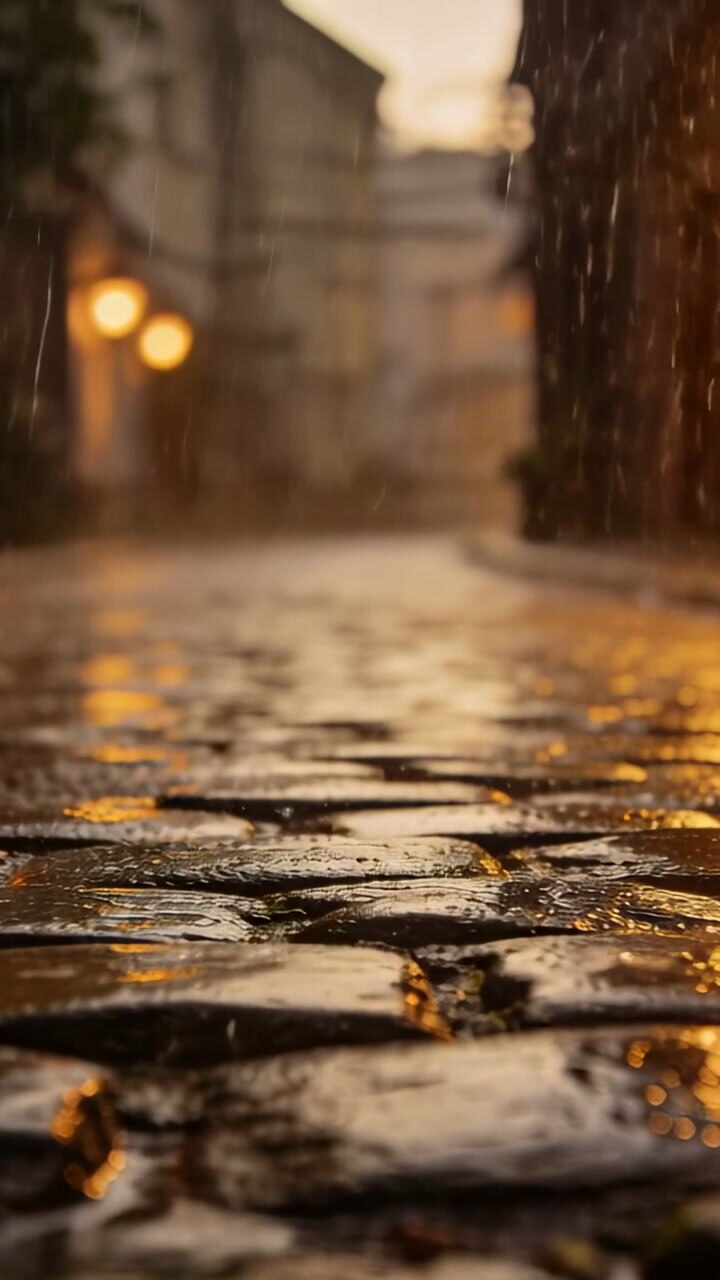 Vertical video: Rain falling creating ripples on wet cobblestones at dusk, reflecting warm lamps