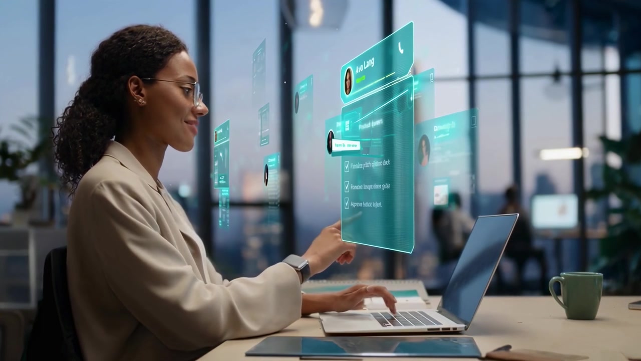 Businesswoman Interacting with Holographic Interface in Modern Office