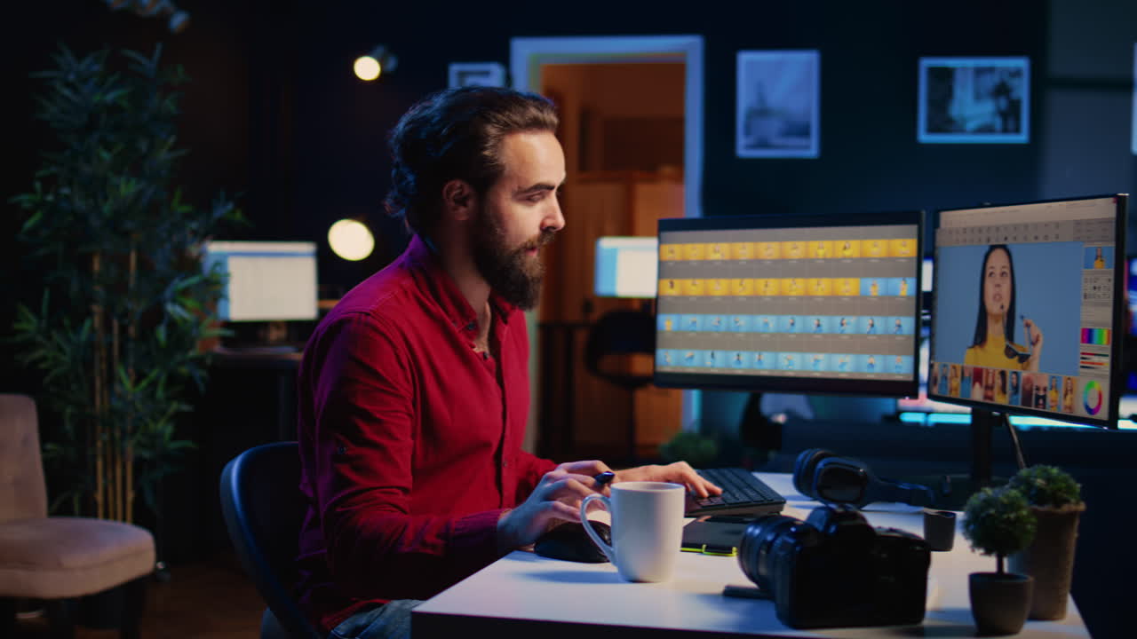 fotógrafo influyente que presenta la vida diaria en una compañía de postproducción, filmando un video en las redes sociales