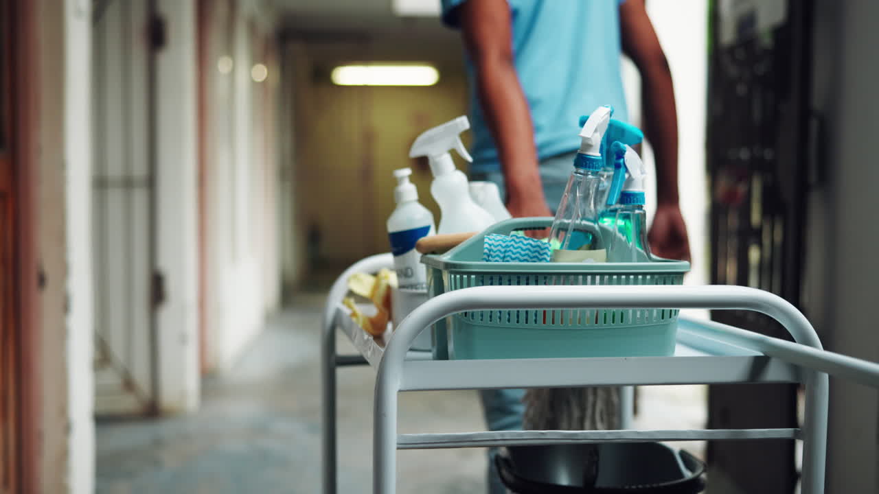 Materiais de limpeza em um carrinho de zeladoria