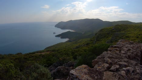 A-panoramic-view-of-the-Arrábida-coast,-hill-and-beaches-in-Setúbal,-Portugal