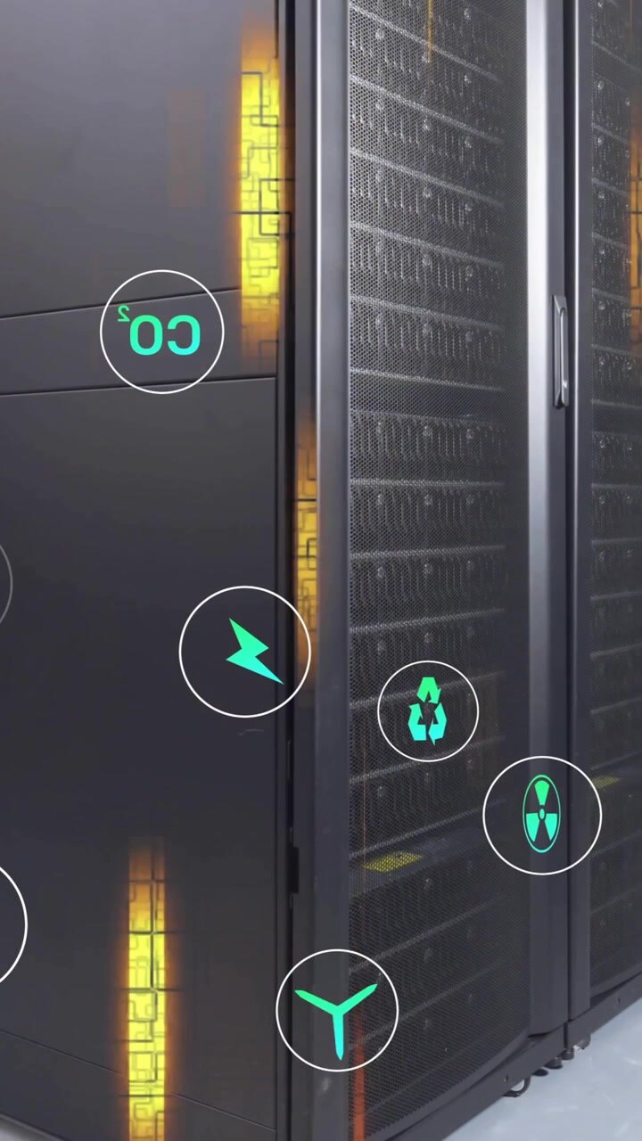 Animation of ecology icons and data processing over server room