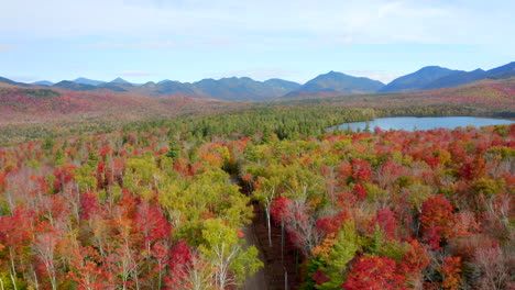 stunning rising aerial view of a valley and mountain ridge covered in vibrant autumn foliage, bright red and yellow leaves, drone footage of the adirondacks, new york