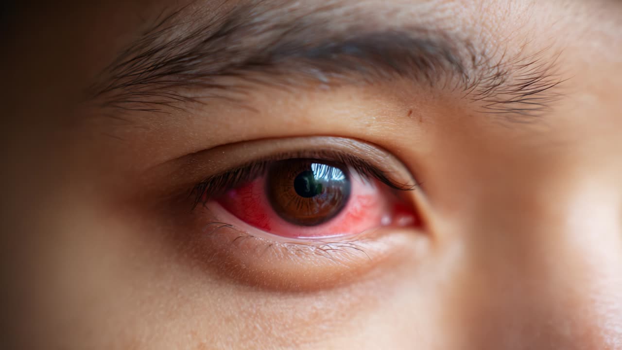 A Close-Up Examination of a Human Eye Showing Redness and Irritation, Highlighting Potential Eye Conditions Such as Allergies, Conjunctivitis, or Eye Fatigue, Capturing the Urgency of Eye Health Awareness