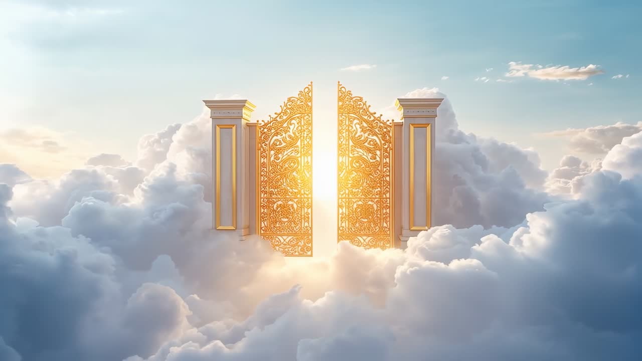Opening golden gates with columns as light intensifying, warm glow revealing path above clouds