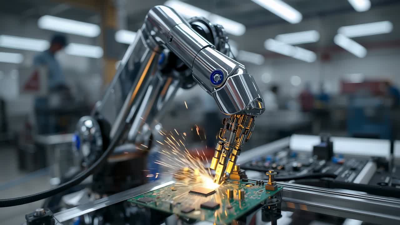 Sensor activating robotic arm applying solder onto circuit board on conveyor belt sparking joints
