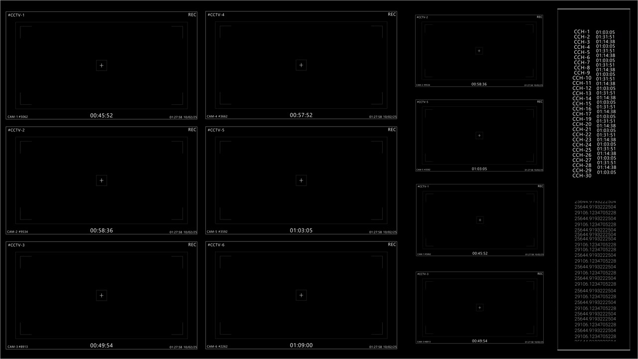 Dark cctv surveillance interface multiple camera frames recording marks timers channel list for