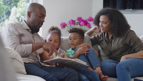 parents sitting on sofa with children at home reading book together