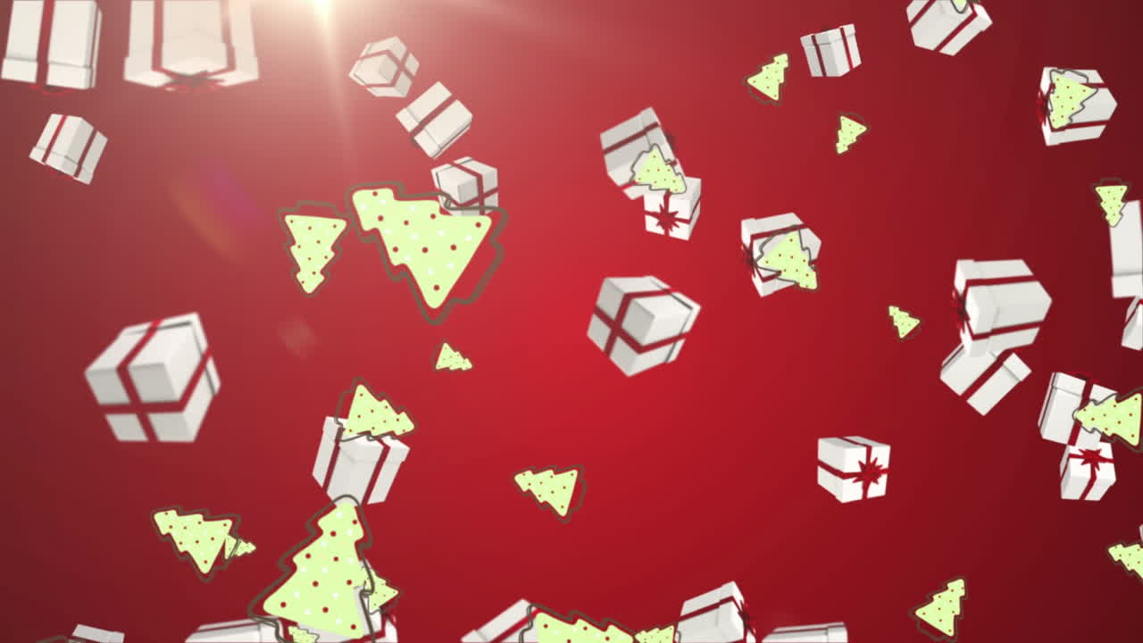 Animation of presents and christmas trees falling over red background