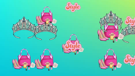 animation of style text crown and accessories repeated on green background