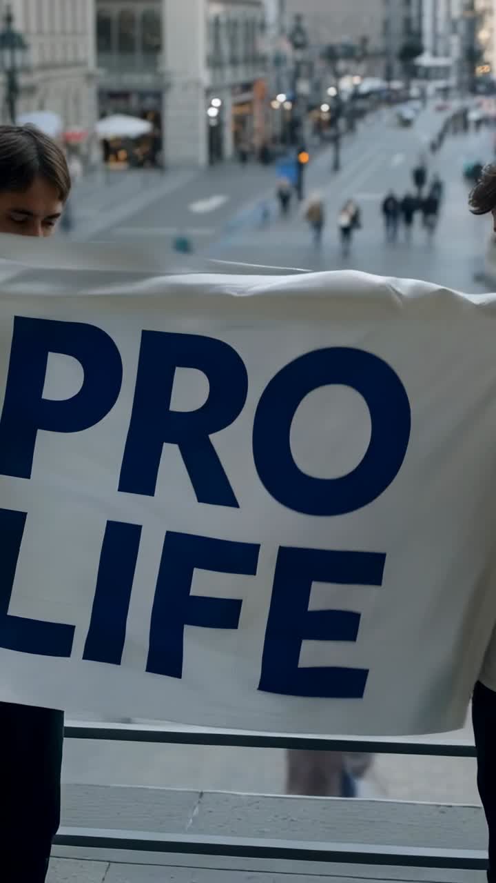 Video verticale: due uomini che tirano un telo e spiegano un banner su una ringhiera che mostra la scritta PRO LIFE sulla strada