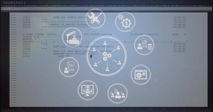 Animation of icons over data processing on white background