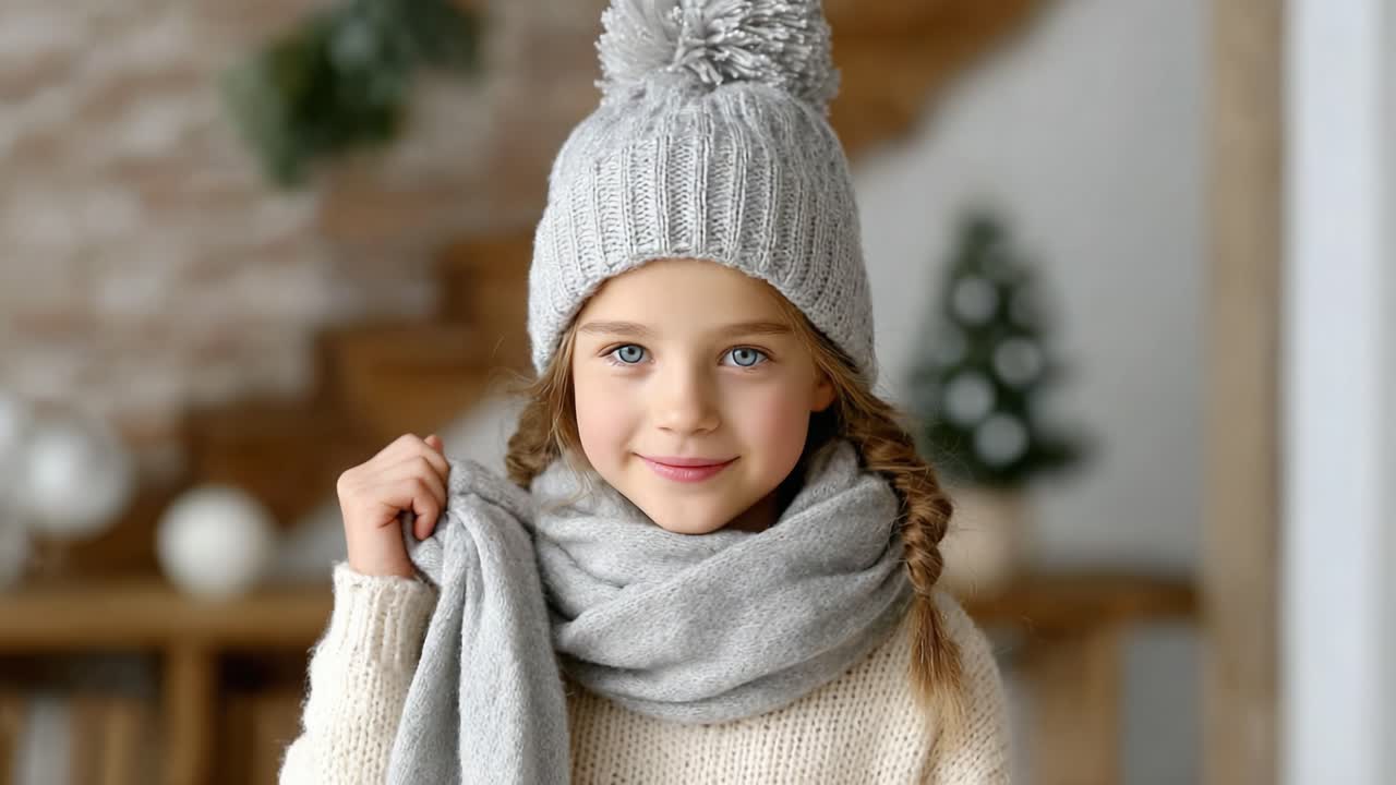 A Cheerful Child in Cozy Winter Attire, Wearing a Warm Grey Beanie and Scarf, Radiates Joy and Contentment in a Charming Indoor Setting Decorated for the Season