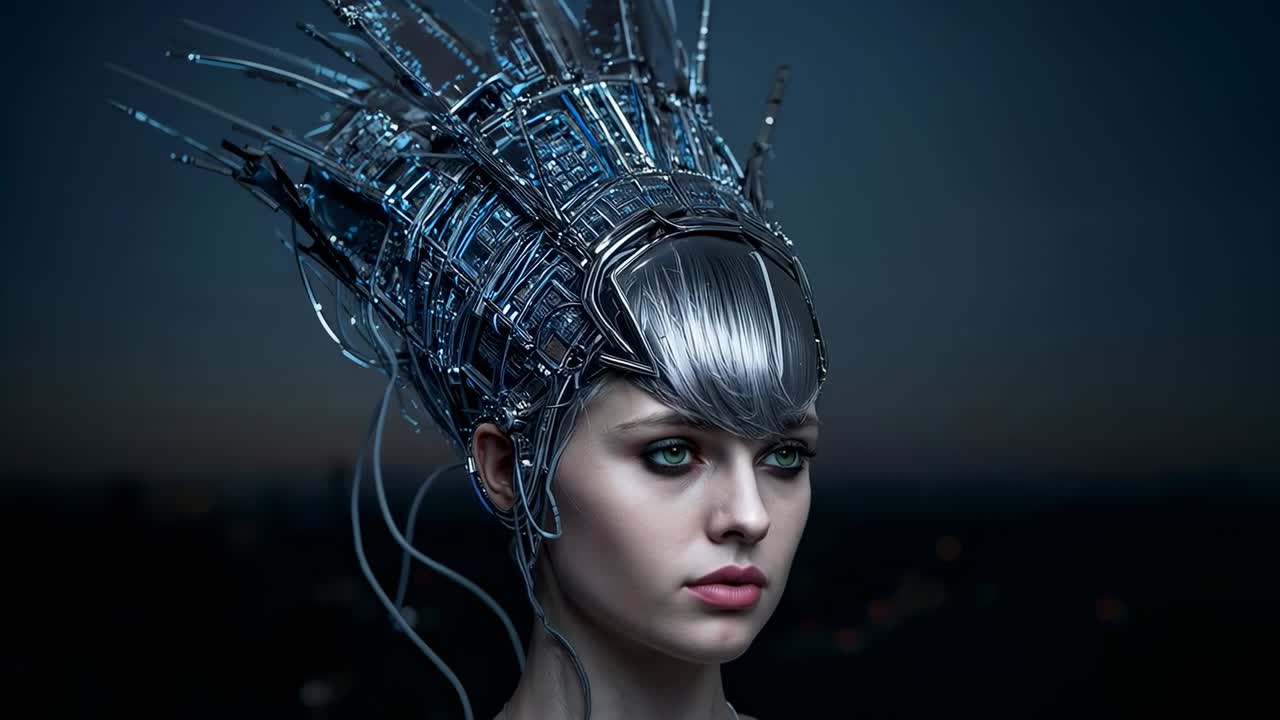 Rendering di modello cyborg rotante che inclina la testa in uno studio buio, luci che cambiano rivelando i cavi del circuito della corona