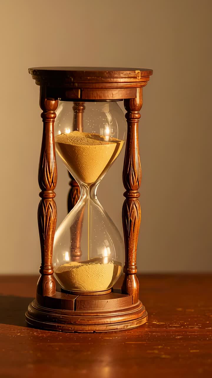 Vertical video: Starting wooden hourglass pouring tan sand through waist on tabletop, marking time