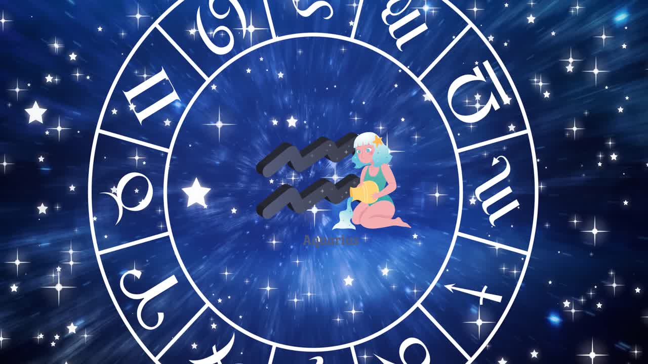 animación del signo estelar de acuario dentro de la rueda giratoria de los signos del zodiaco sobre las estrellas en el cielo azul