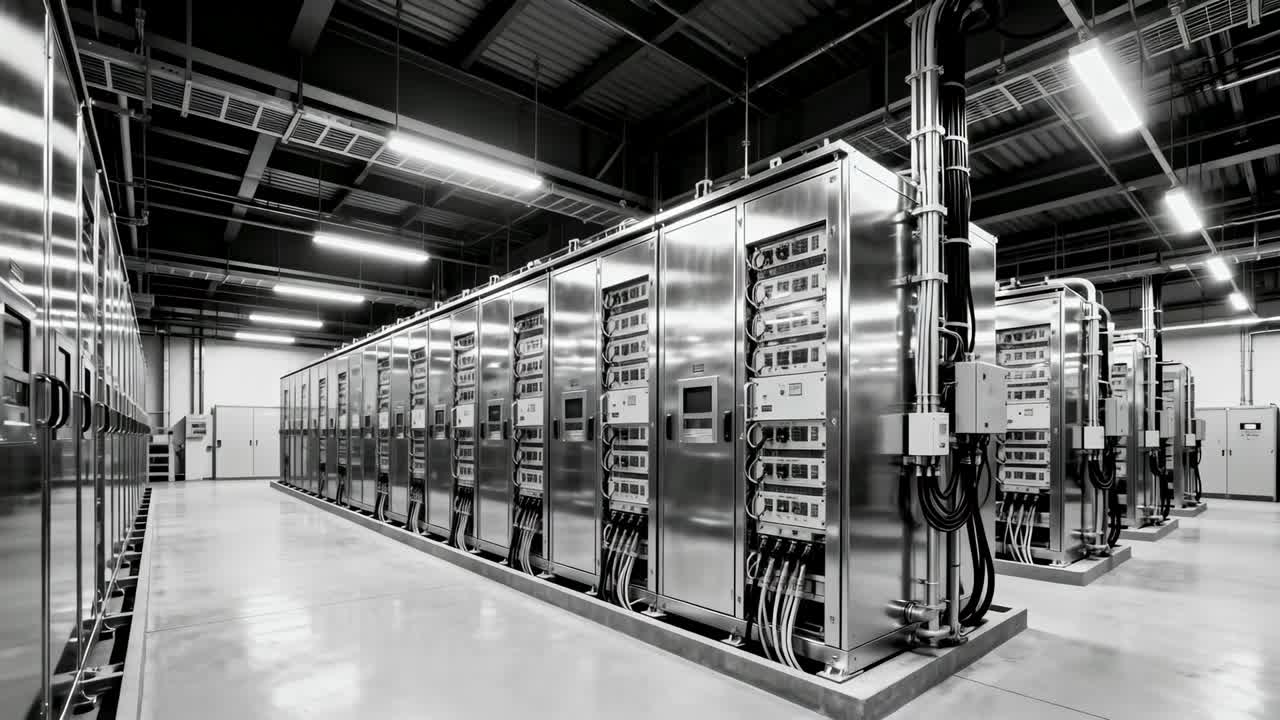 Camera moving toward front of stainless-steel cabinets in power hall revealing displays and cables