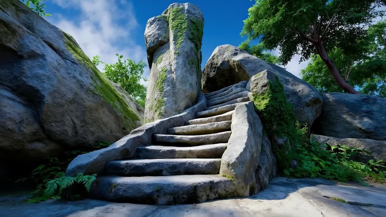 A set of stone steps leading up to a large rock formation