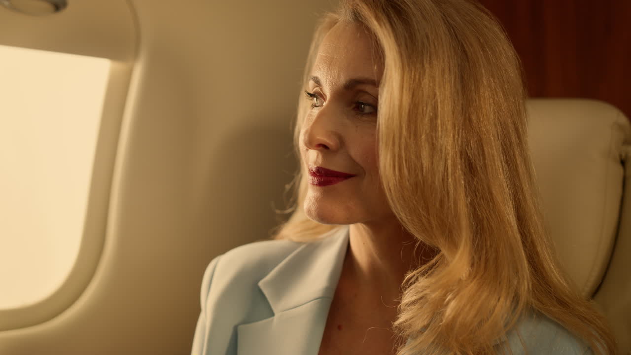 금색 빛 클로즈업으로 비행기 창을 바라보는 승객. 제트 항공기의 회사 여행