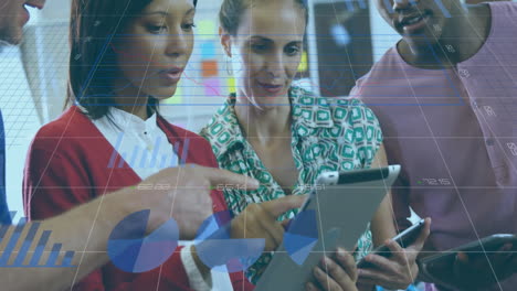 analyzing data on tablets, diverse business team with financial graphs animation