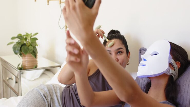 Diverse female friends prompted by smartphone taking selfies on bed, using jade roller and LED mask