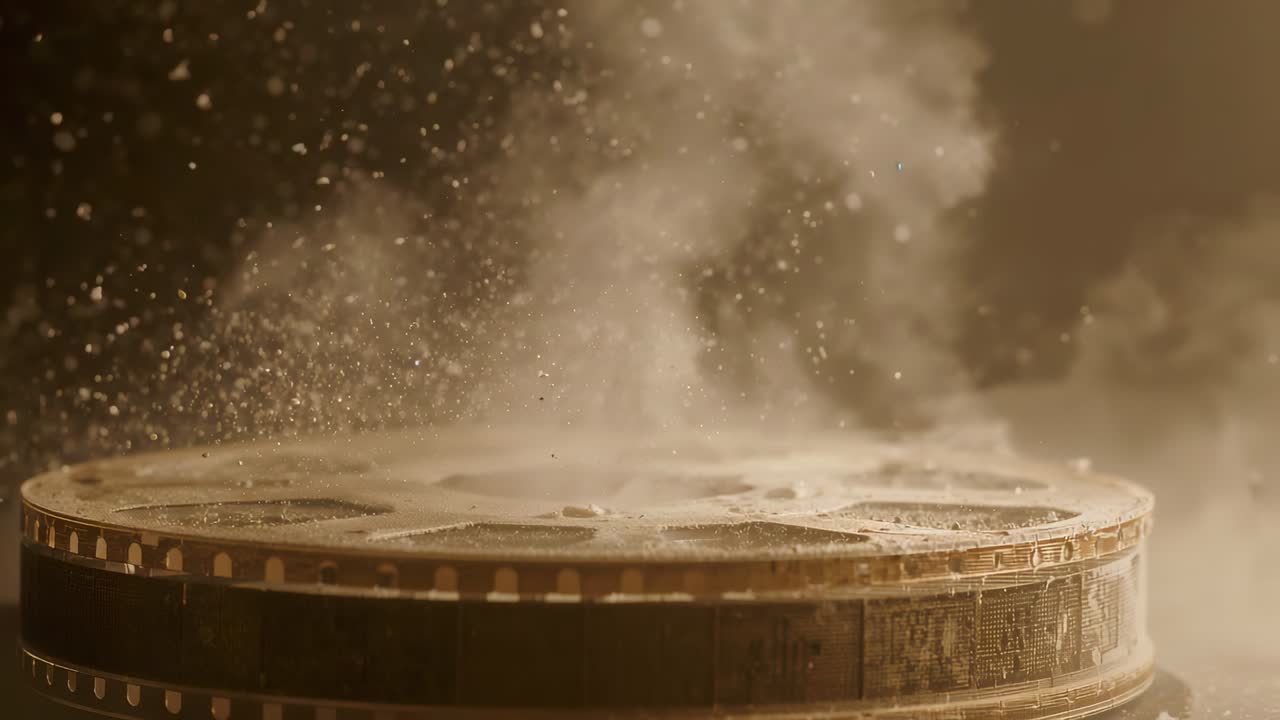 Releasing initial puff, vintage metal reel emitting dust and vapor at studio table, warm lighting