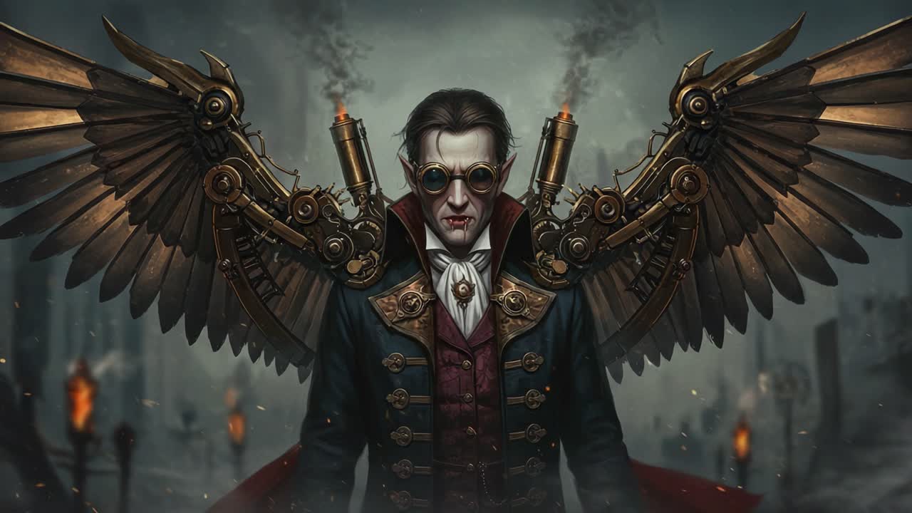 A Steampunk Vampire with Mechanical Wings: An Intricate Depiction of a Mysterious Character Surrounded by a Gloomy Atmosphere and Eerie Background Elements