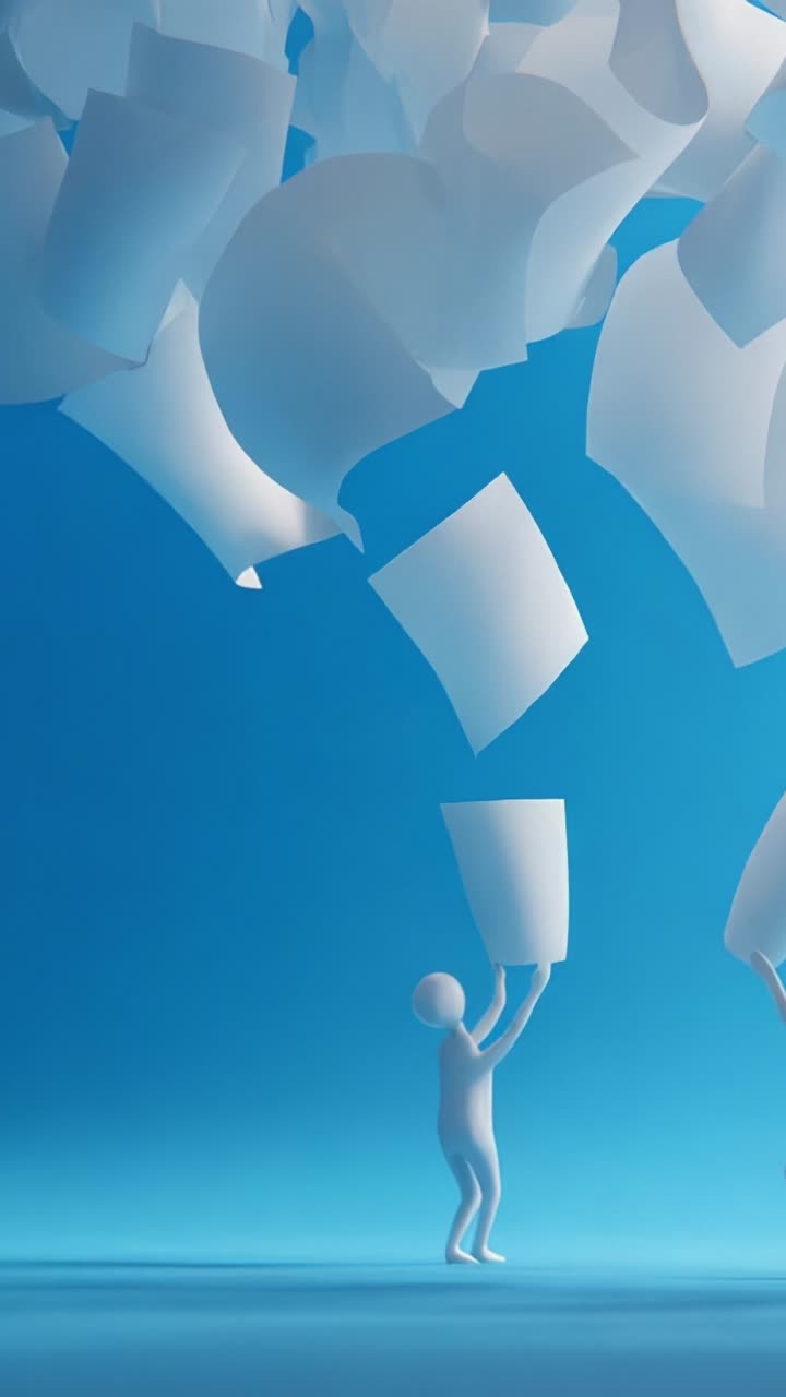 A Creative Representation of a Figure Managing Flows of Papers Against a Calm Blue Background, Illustrating Concepts of Organization or Information Overload