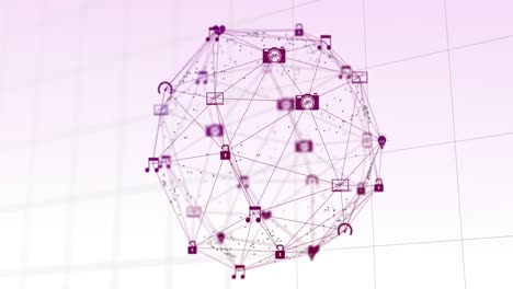 animación del globo rosa de las conexiones de red con iconos multimedia en rosa con fondo de cuadrícula
