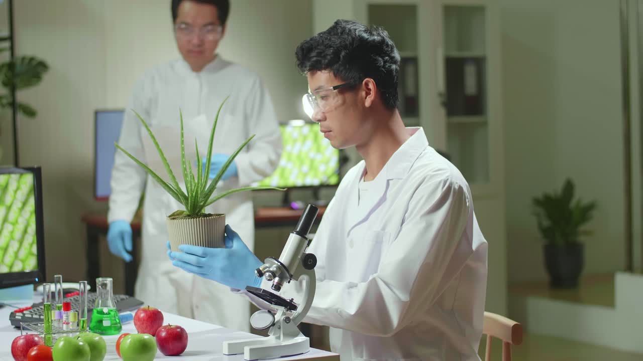 Medical Team Researchers Analyzing Botany Expertise On Computer Discovering Genetic Mutation. Pharmaceuticals Scientist Working In Biochemistry Laboratory At Biological Agriculture Experiment