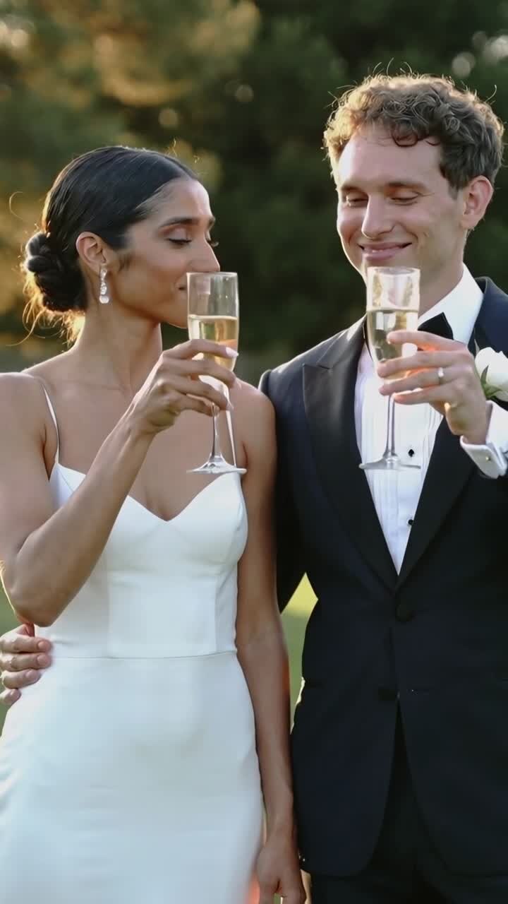 Bride is raising flute outdoors and groom is lifting glass in response during wedding toast