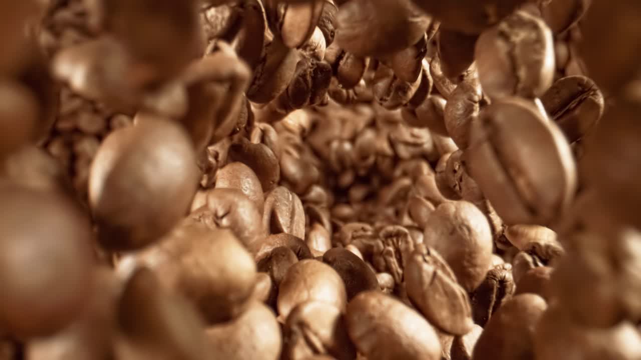 Primo piano di semi di caffè. Fragranti chicchi di caffè, super macro, primo piano. Ripresa con telecamera super slow motion a 1000 fps