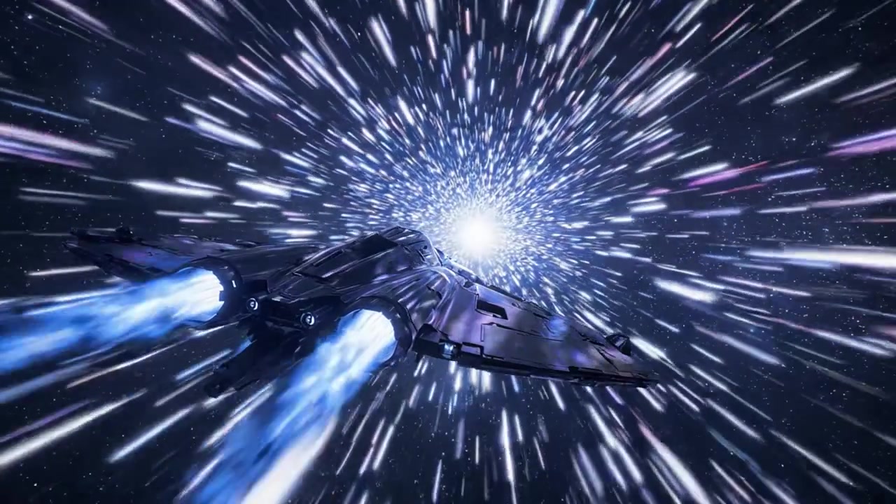 Un viaggio mozzafiato attraverso il cosmo mentre un'elegante astronave accelera verso una stella brillante, creando una splendida immagine di luce e velocità in un tunnel cosmico.