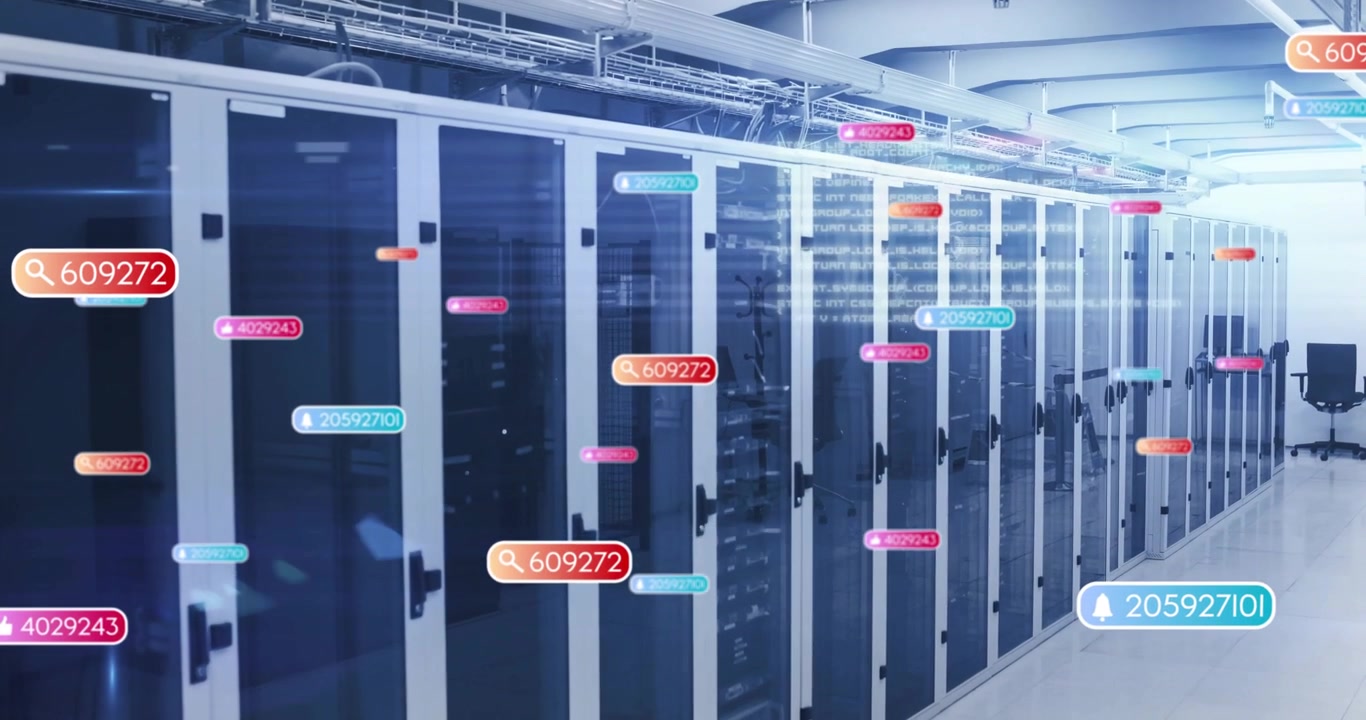 Glass-doored server cabinets lining data corridor, showing floating digital overlays