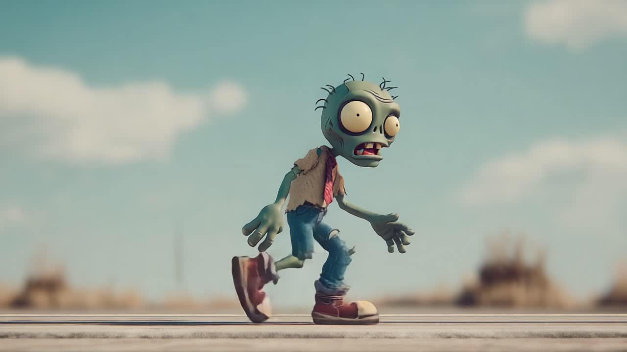 A Comical Zombie Shuffles Along a Worn Path, Displaying Quirky Movements and Expression in a Lively Animated Environment of Bright Skies and Rural Backdrop
