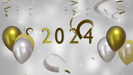 animación de texto de 2024, rayas de oro y plata y globos sobre fondo blanco