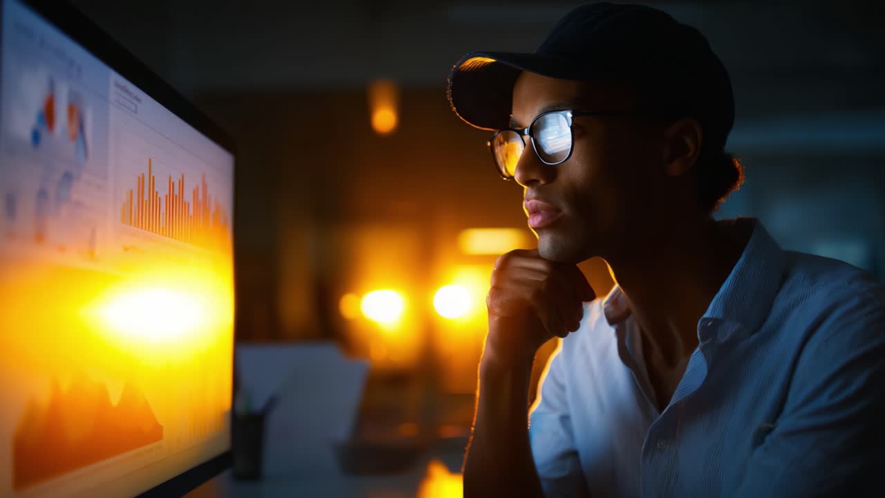 Contemplative analysis in a darkened room, a pensive individual gazes intently at a glowing screen filled with data visualizations and trends, deep in thought
