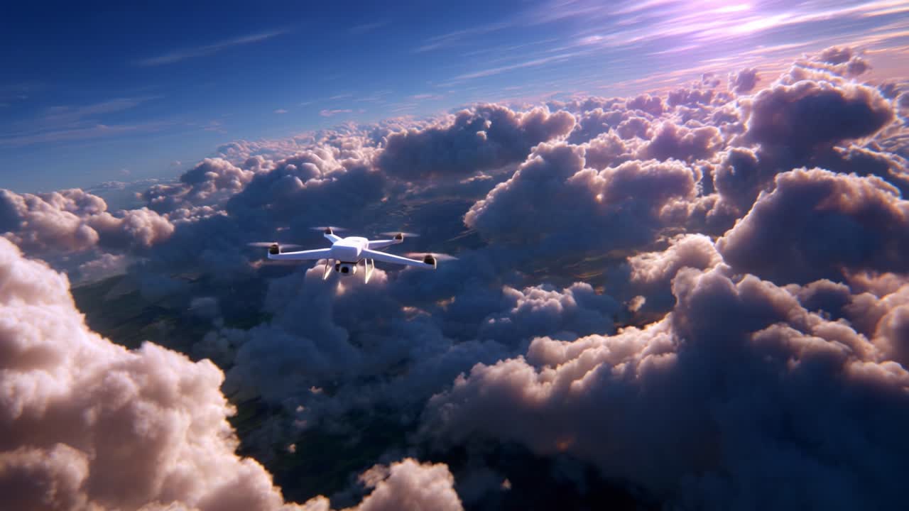 A serene view of a drone navigating through fluffy white clouds, illuminated by the soft glow of sunlight reflecting off the clouds, showcasing the beauty of aerial technology in nature's vastness