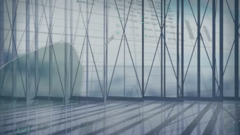 animation of data processing over modern building and cityscape