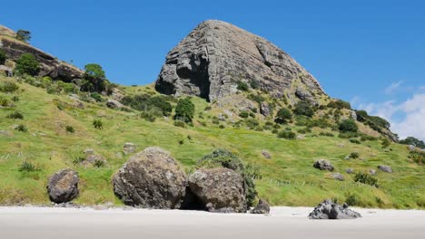 panning shot of vast mountain with green meadow and empty sandy beach during beautiful sunny day with blue sky at spirits bay,new zealand