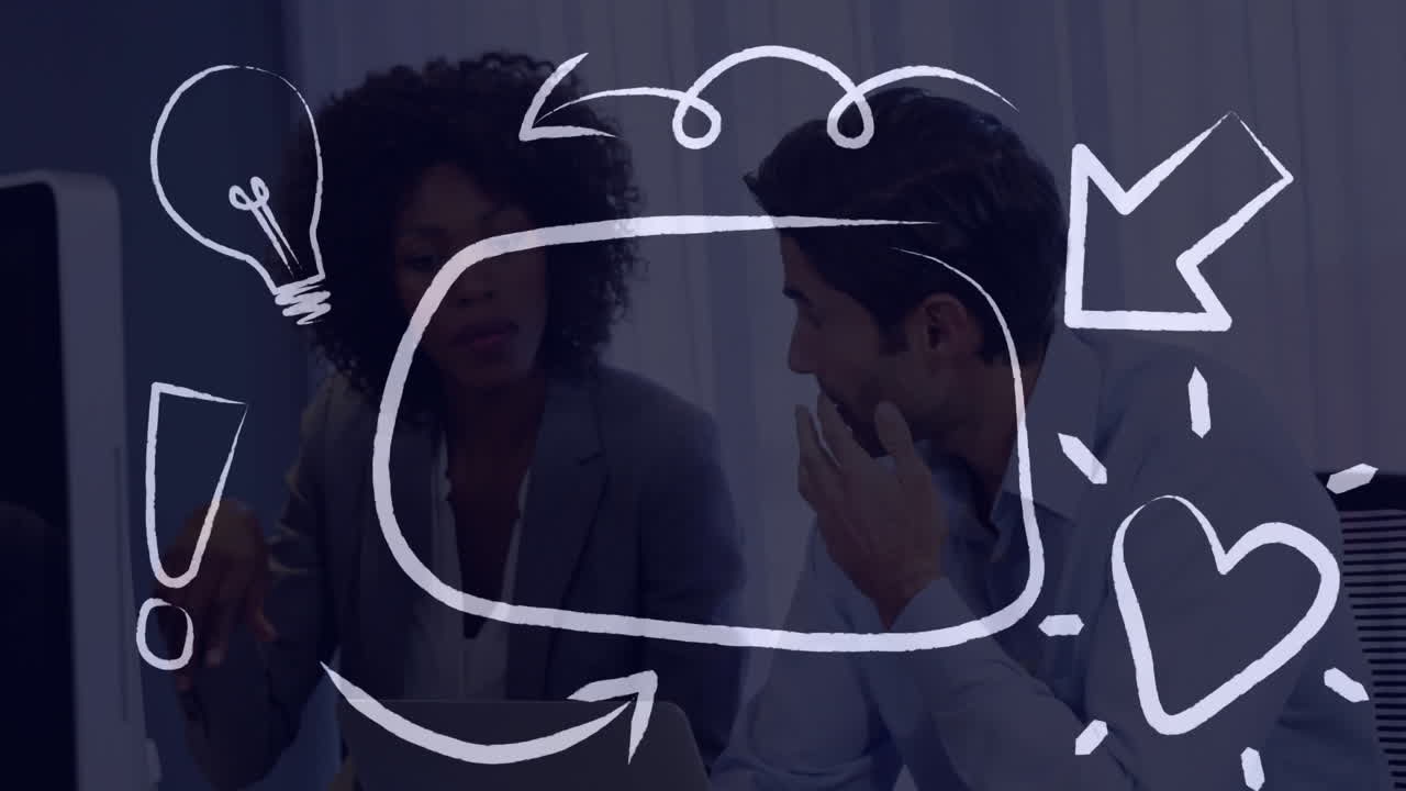Discussing ideas with animation overlay, two professionals collaborating in office