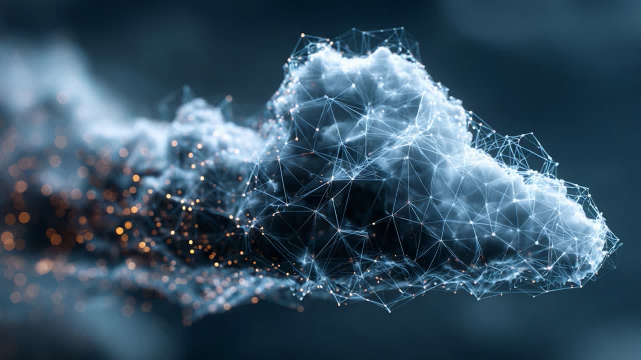 A Stunning Visualization of a Futuristic Cloud, Enhanced with Network Connectivity and Dynamic Light Effects, Illustrating the Intersection of Technology and Nature
